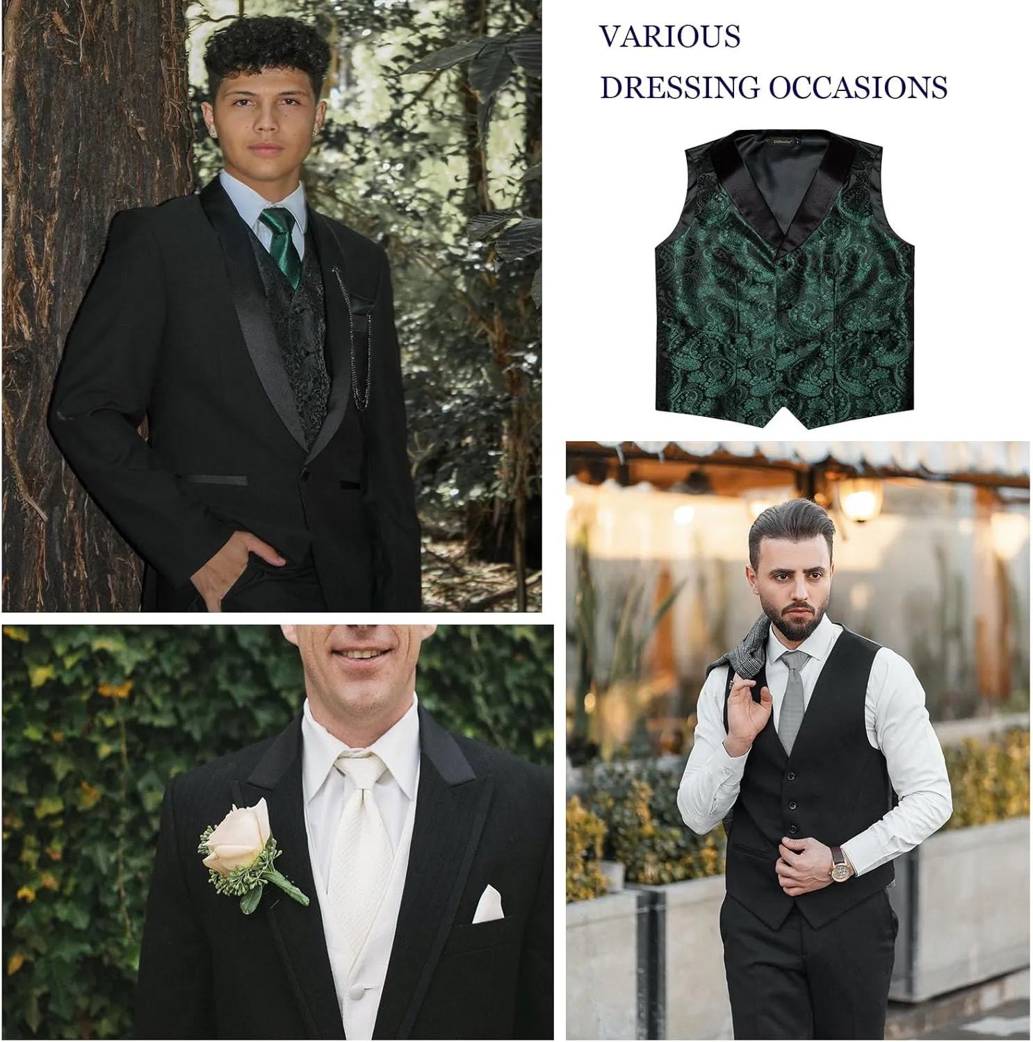 DiBanGu Mens Vest and Bowtie Set Silk Paisley Waistcoat and Bowtie Pocket Square Cufflinks with Lapel Pin for Wedding Party