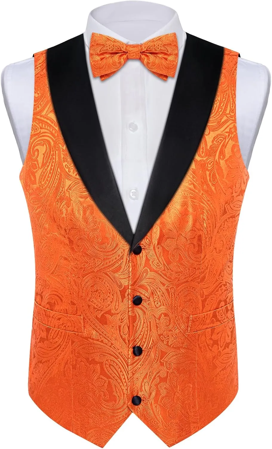 DiBanGu Mens Vest and Bowtie Set Silk Paisley Waistcoat and Bowtie Pocket Square Cufflinks with Lapel Pin for Wedding Party