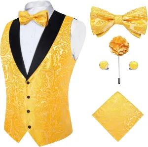 DiBanGu Mens Vest and Bowtie Set Silk Paisley Waistcoat and Bowtie Pocket Square Cufflinks with Lapel Pin for Wedding Party