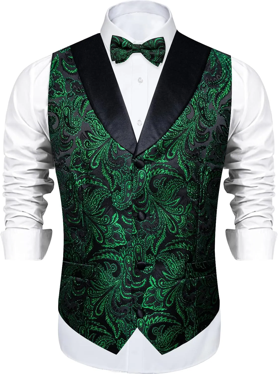 DiBanGu Mens Vest and Bowtie Set Silk Paisley Waistcoat and Bowtie Pocket Square Cufflinks with Lapel Pin for Wedding Party