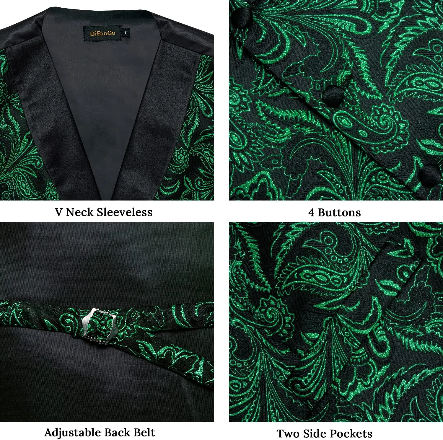 DiBanGu Mens Vest and Bowtie Set Silk Paisley Waistcoat and Bowtie Pocket Square Cufflinks with Lapel Pin for Wedding Party