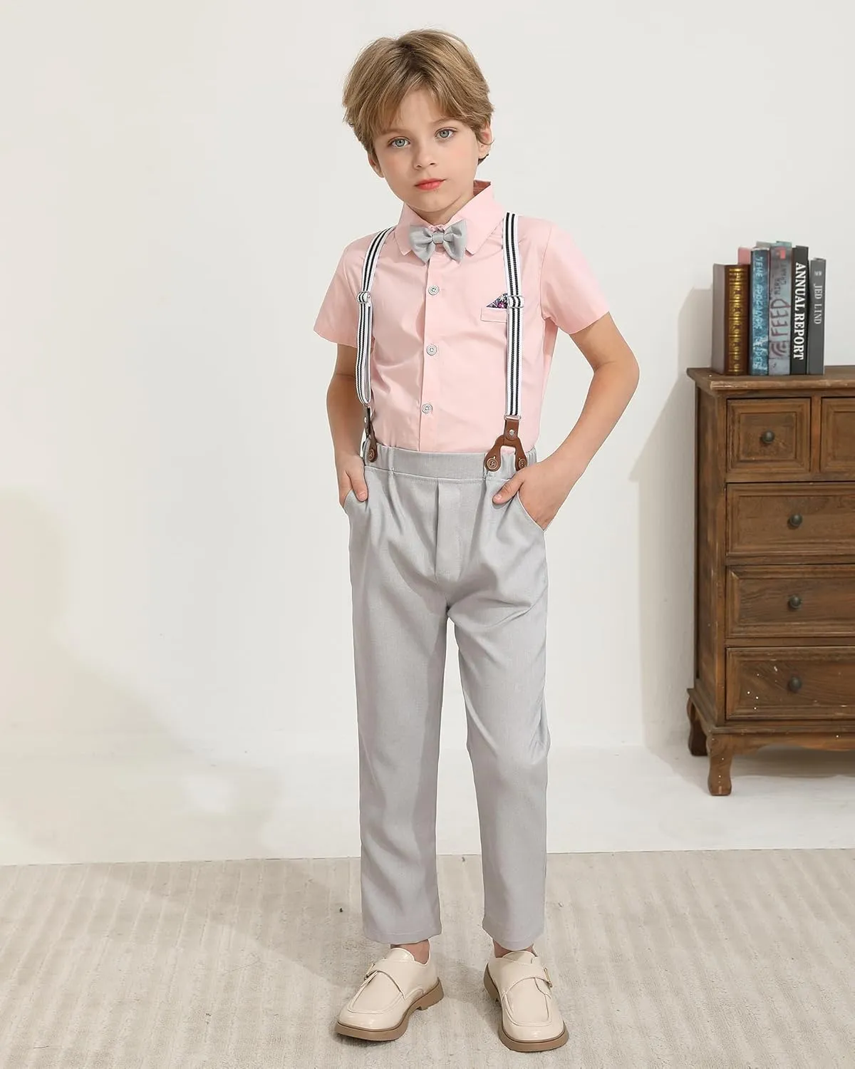 DISAUR Boys Suits 3 Pieces Formal Dress Shirt with Bowtie Suspender Pants Boy Gentleman Outfits Set 4-8 Years