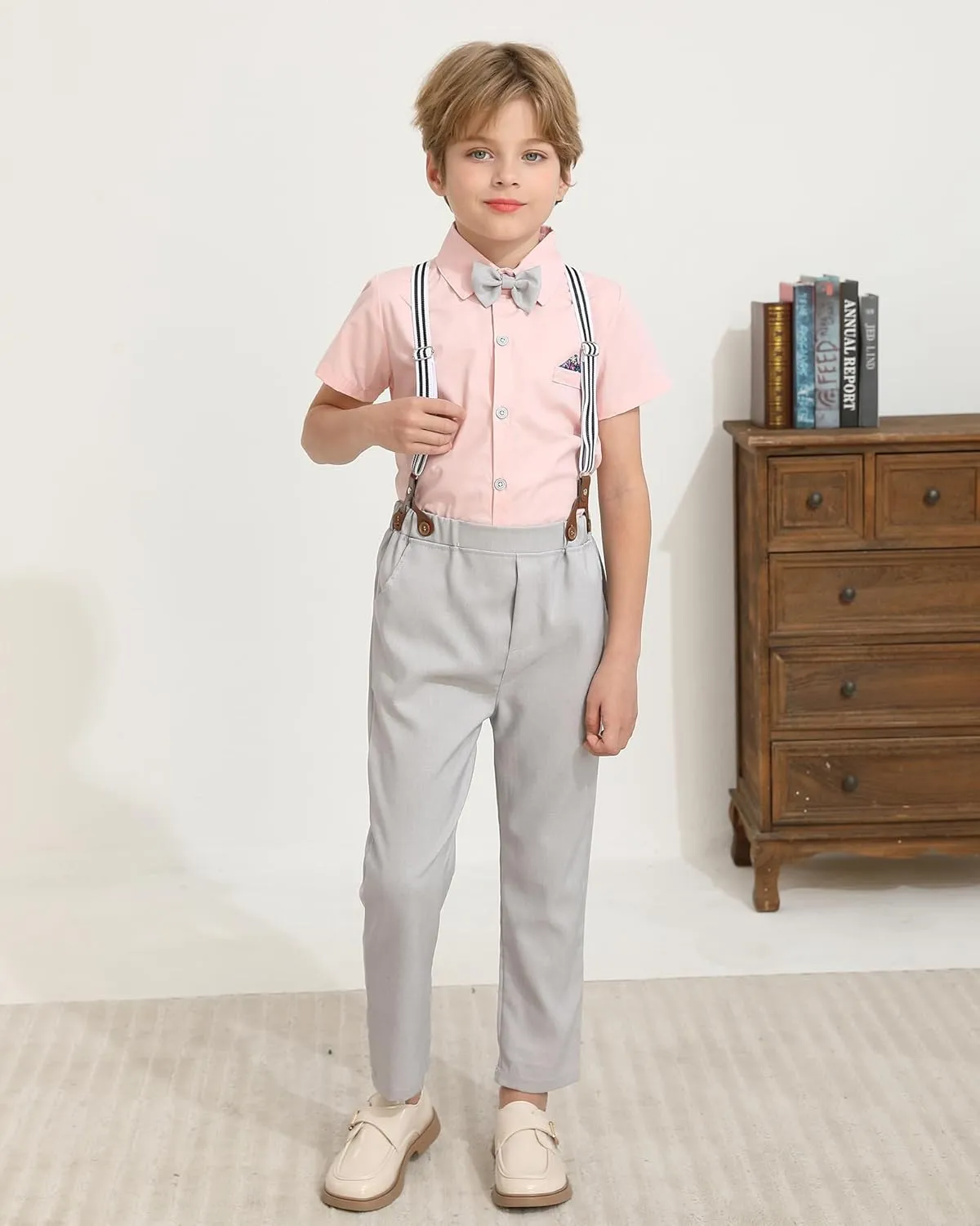 DISAUR Boys Suits 3 Pieces Formal Dress Shirt with Bowtie Suspender Pants Boy Gentleman Outfits Set 4-8 Years