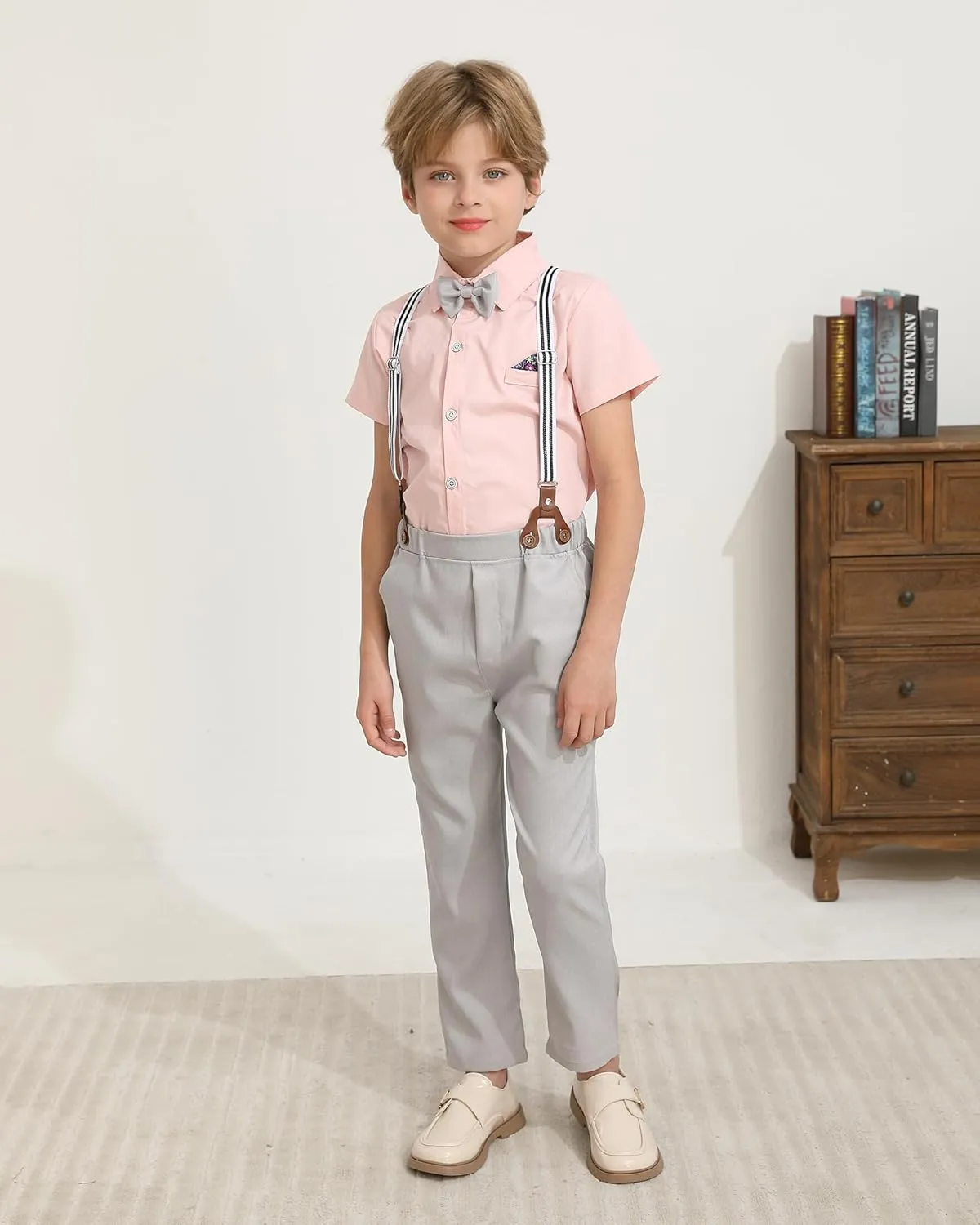 DISAUR Boys Suits 3 Pieces Formal Dress Shirt with Bowtie Suspender Pants Boy Gentleman Outfits Set 4-8 Years