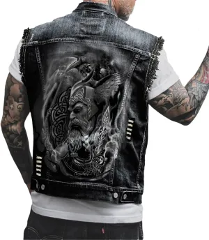 Distressed Denim Vest with Skull Biker Print Sleeveless Jean Jacket Casual Vintage Ripped Jeans Vests