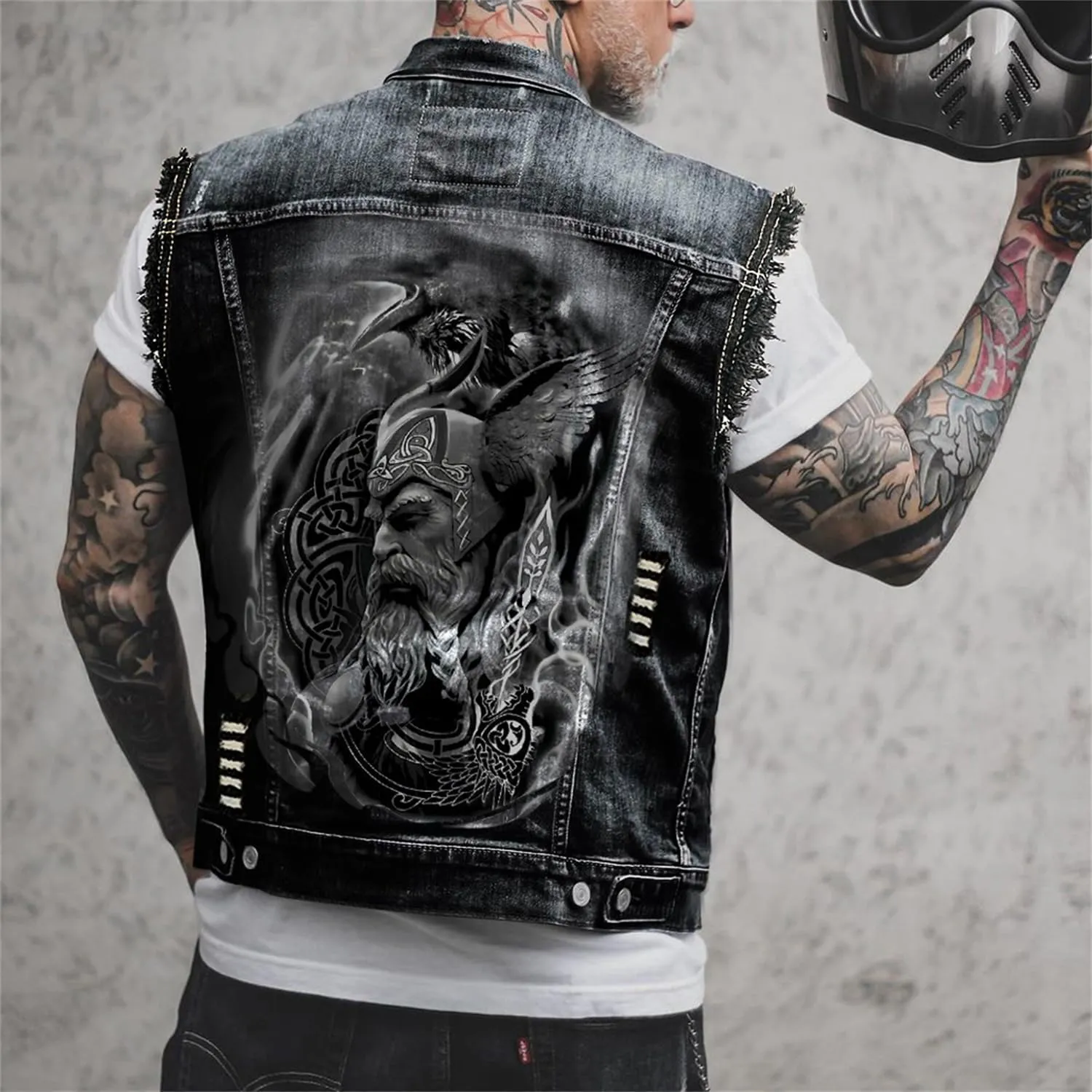 Distressed Denim Vest with Skull Biker Print Sleeveless Jean Jacket Casual Vintage Ripped Jeans Vests