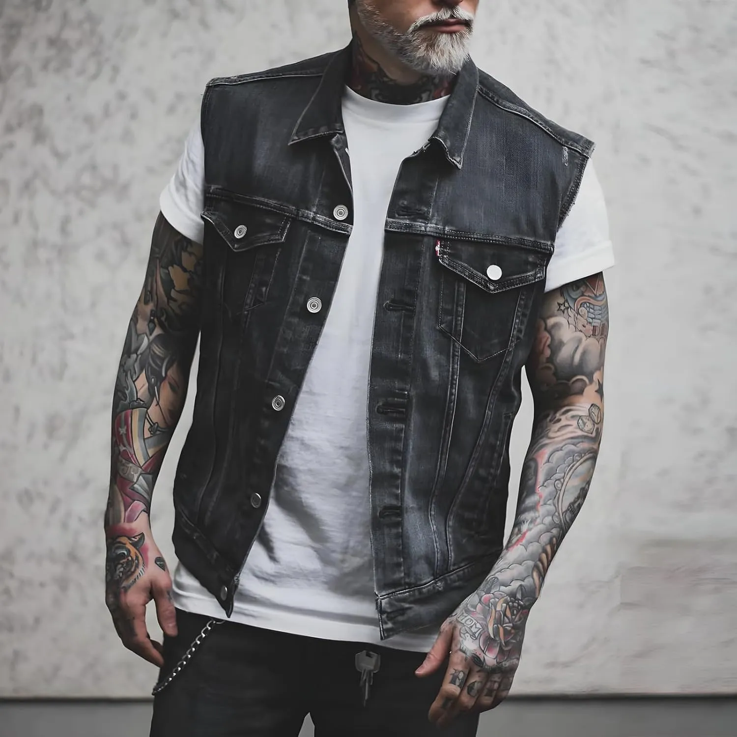 Distressed Denim Vest with Skull Biker Print Sleeveless Jean Jacket Casual Vintage Ripped Jeans Vests