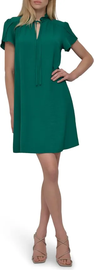 DKNY womens Front Tie Ruffle Neckline Trapeze Dress