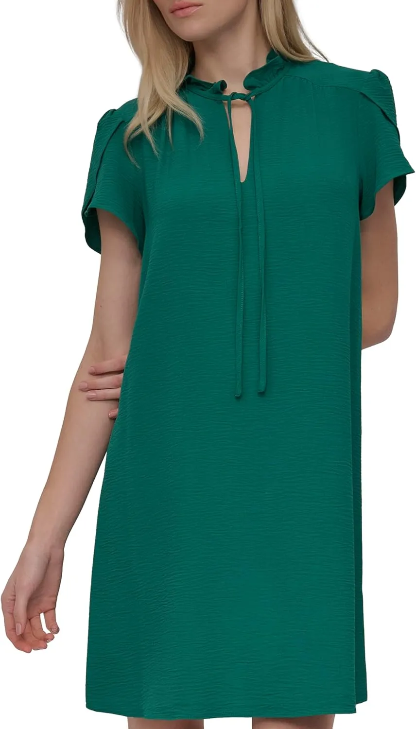 DKNY womens Front Tie Ruffle Neckline Trapeze Dress