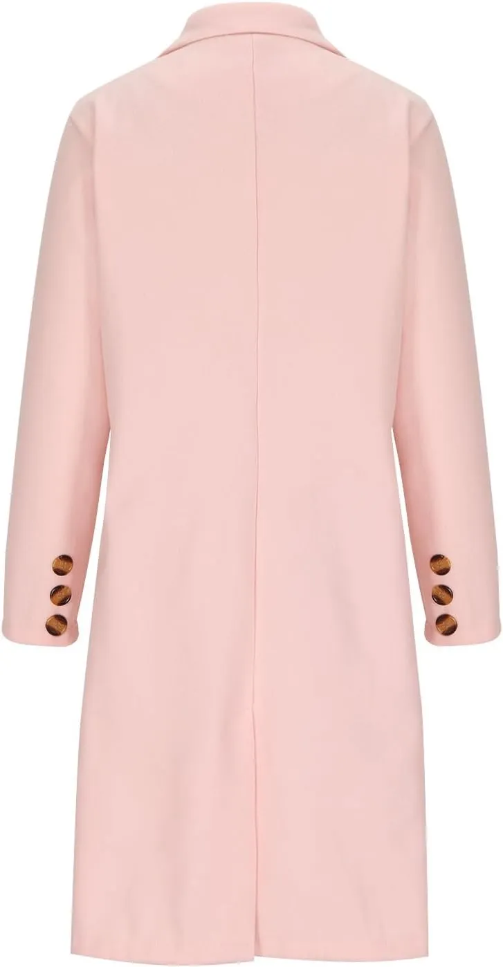 Double Breasted Peacoat for Women Winter Trendy Elegant Notched Lapel Wool Blend Trench Coat Knee Length Long Coat