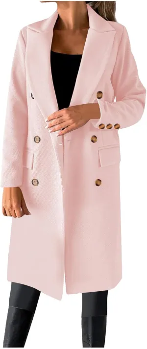 Double Breasted Peacoat for Women Winter Trendy Elegant Notched Lapel Wool Blend Trench Coat Knee Length Long Coat