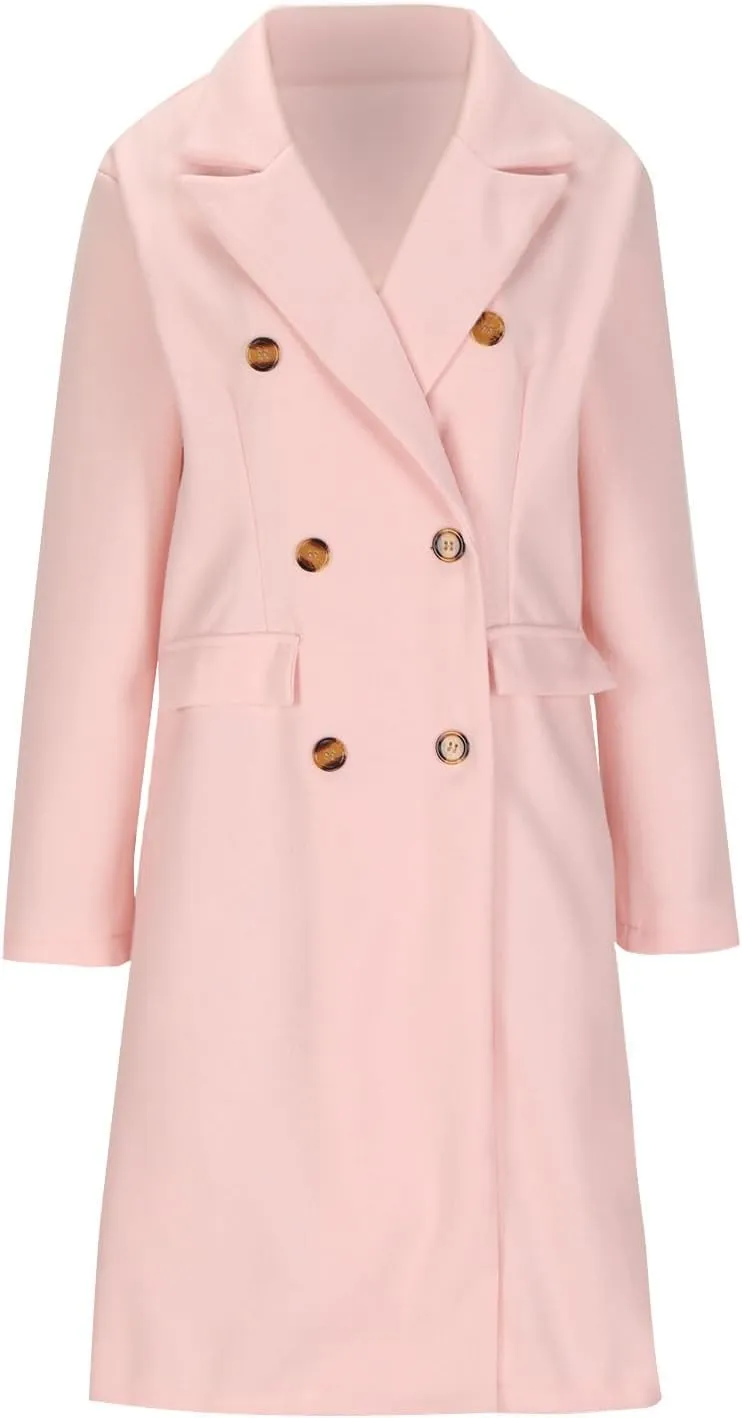Double Breasted Peacoat for Women Winter Trendy Elegant Notched Lapel Wool Blend Trench Coat Knee Length Long Coat