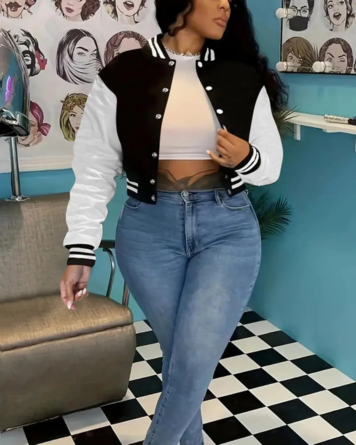 Doweha Women Faux Leather Jacket Light Moto Bomber Jackets Cropped Letterman Baseball Jacket Fall Coat with Pockets