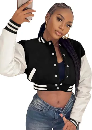 Doweha Women Faux Leather Jacket Light Moto Bomber Jackets Cropped Letterman Baseball Jacket Fall Coat with Pockets