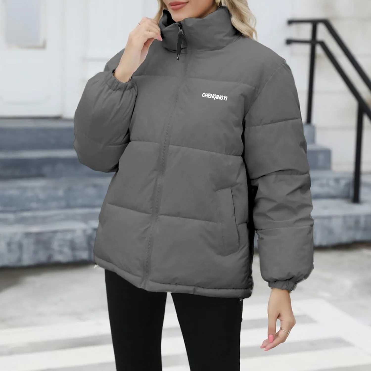Down Jackets for Women Winter Solid Color Long Sleeve Stand Collar Padded Jacket Loose Fit Lightweight Warm Coats