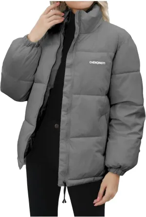 Down Jackets for Women Winter Solid Color Long Sleeve Stand Collar Padded Jacket Loose Fit Lightweight Warm Coats