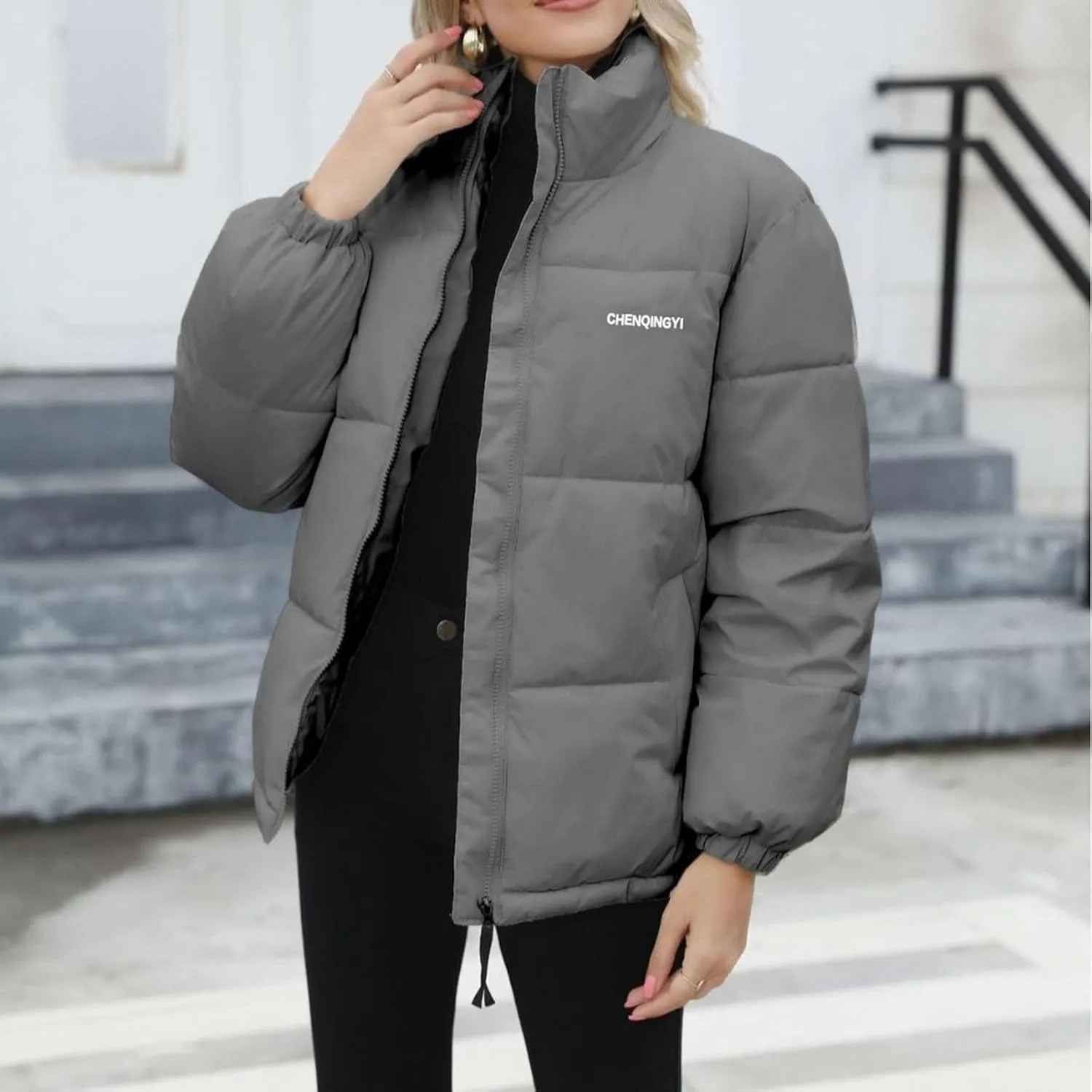 Down Jackets for Women Winter Solid Color Long Sleeve Stand Collar Padded Jacket Loose Fit Lightweight Warm Coats