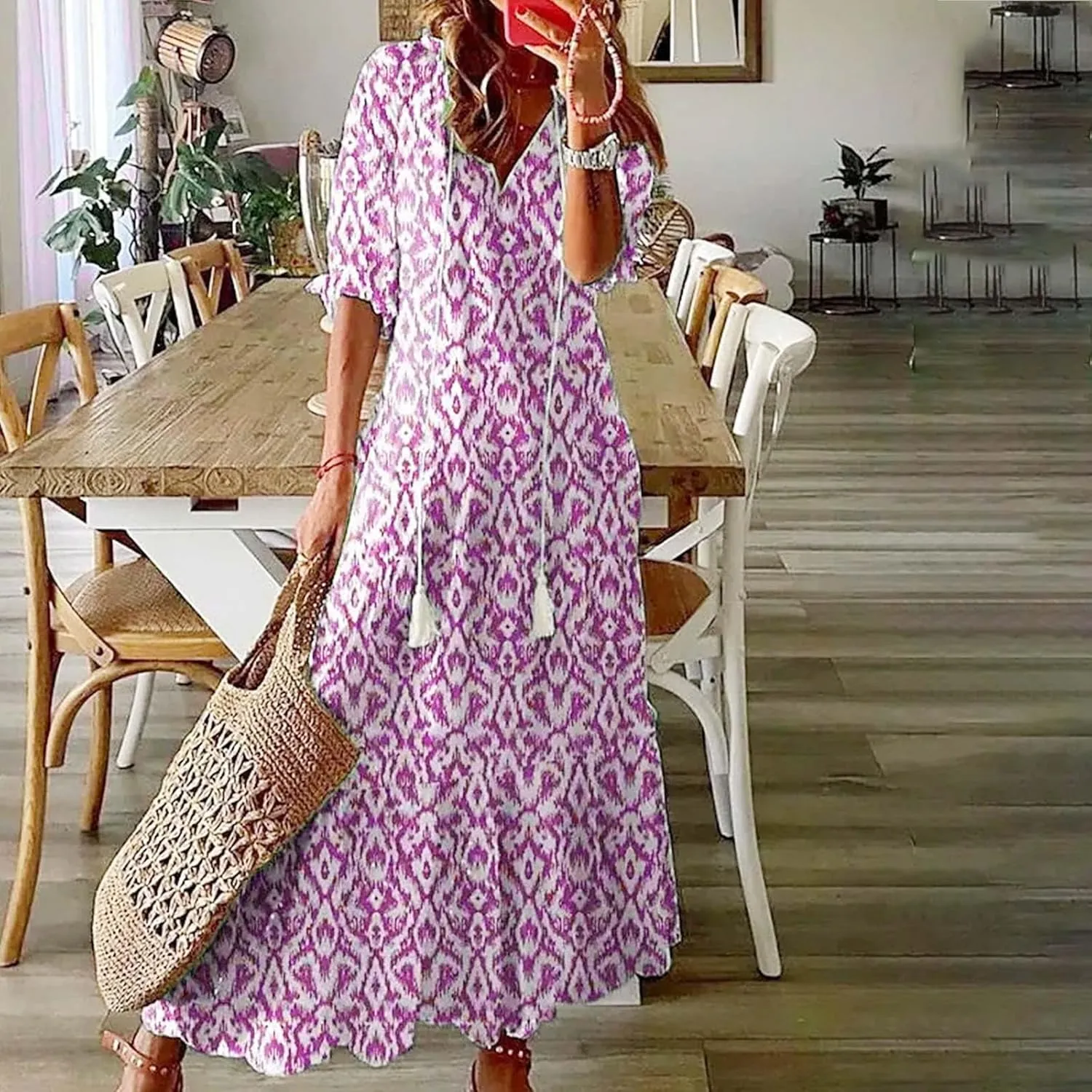 Dresses for Women 2025 Loose Floral Half Sleeve V Neck Maxi Dress Drawstring Long Flowy Dress Flowy Boho Beach Dresses