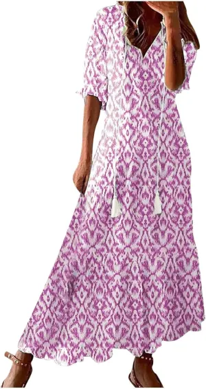 Dresses for Women 2025 Loose Floral Half Sleeve V Neck Maxi Dress Drawstring Long Flowy Dress Flowy Boho Beach Dresses