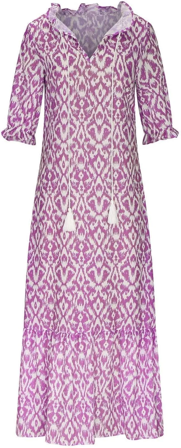 Dresses for Women 2025 Loose Floral Half Sleeve V Neck Maxi Dress Drawstring Long Flowy Dress Flowy Boho Beach Dresses