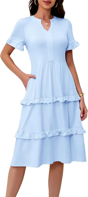 DRESSTELLS Women Summer Casual Dress Ruffle Sleeve V Neck Midi Dresses Flowy Tiered Boho Beach Vacation Sundress