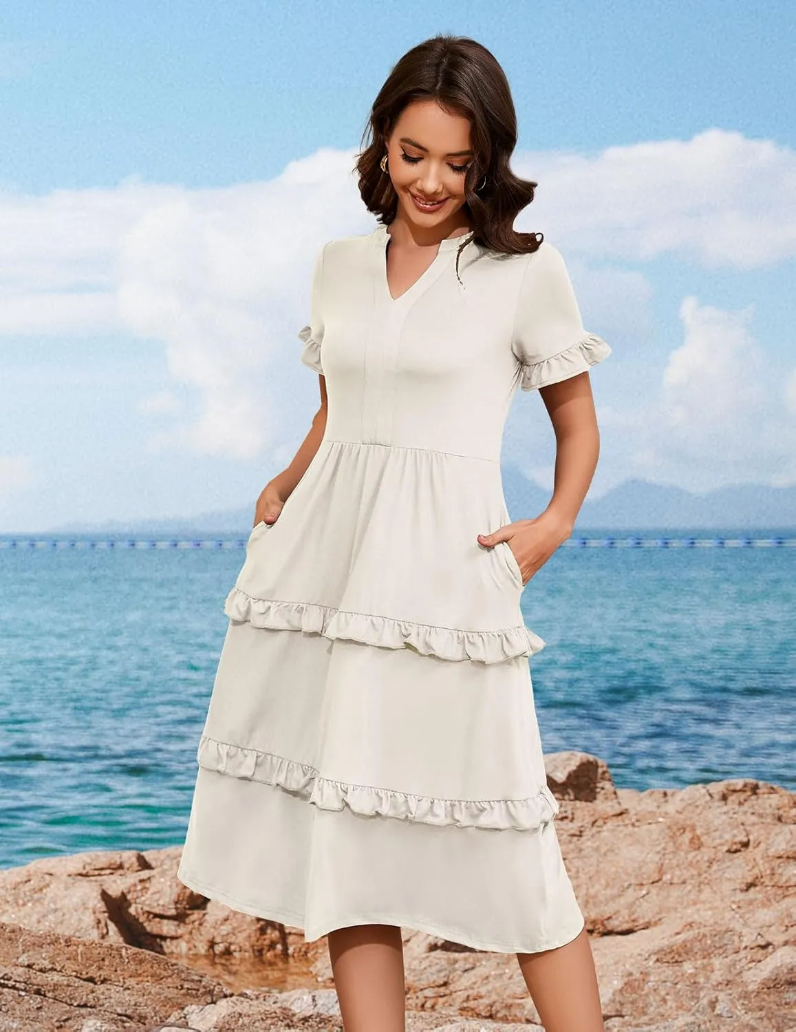 DRESSTELLS Women Summer Casual Dress Ruffle Sleeve V Neck Midi Dresses Flowy Tiered Boho Beach Vacation Sundress