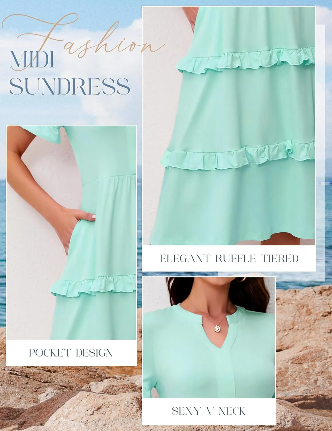 DRESSTELLS Women Summer Casual Dress Ruffle Sleeve V Neck Midi Dresses Flowy Tiered Boho Beach Vacation Sundress
