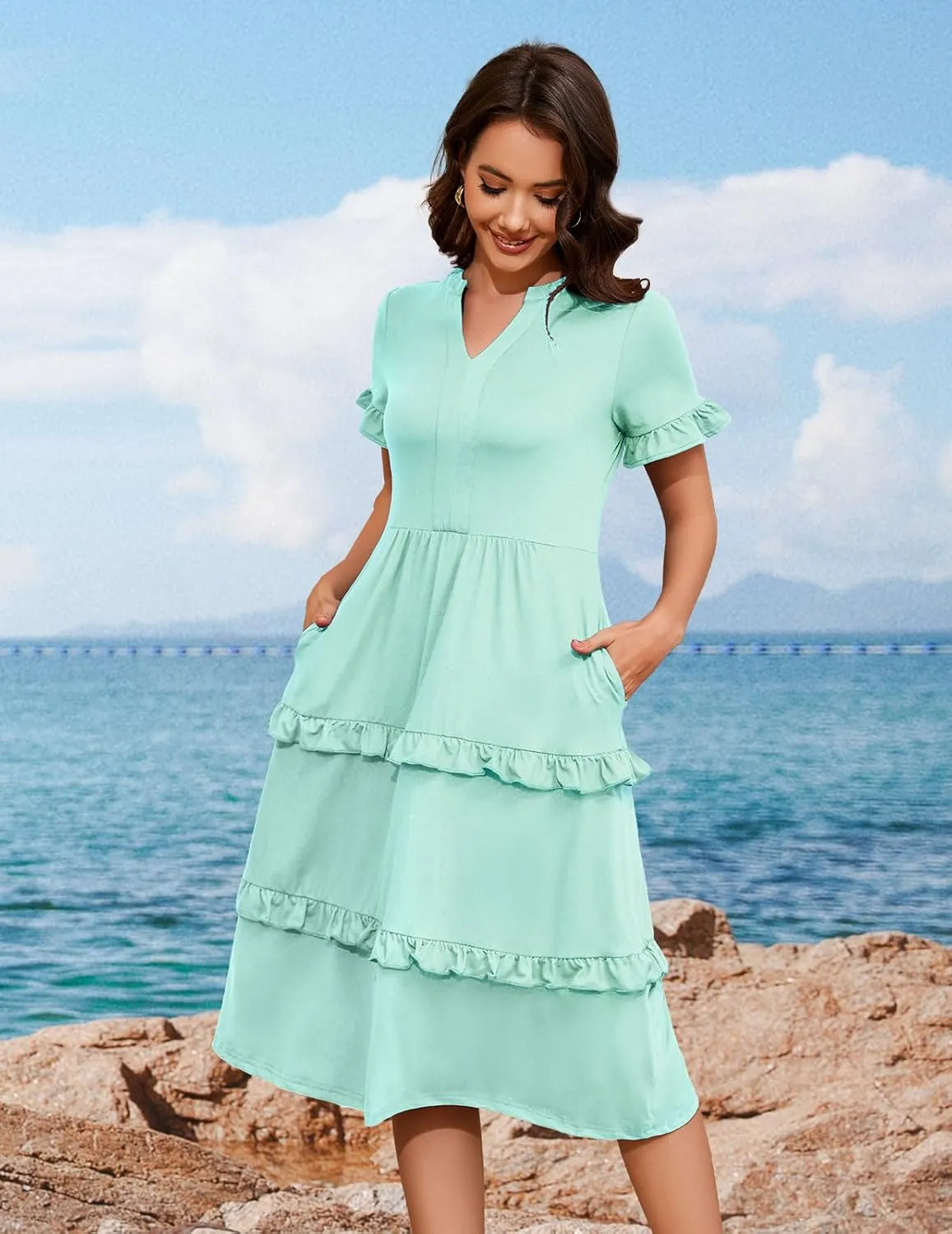 DRESSTELLS Women Summer Casual Dress Ruffle Sleeve V Neck Midi Dresses Flowy Tiered Boho Beach Vacation Sundress