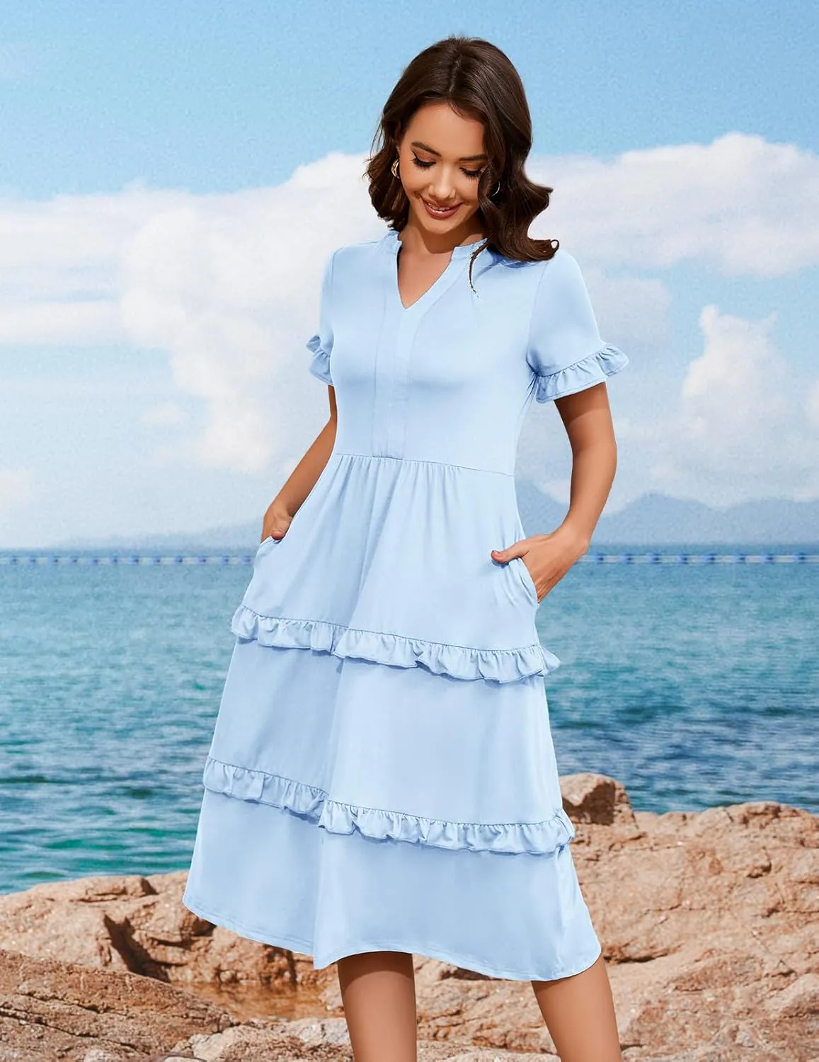 DRESSTELLS Women Summer Casual Dress Ruffle Sleeve V Neck Midi Dresses Flowy Tiered Boho Beach Vacation Sundress