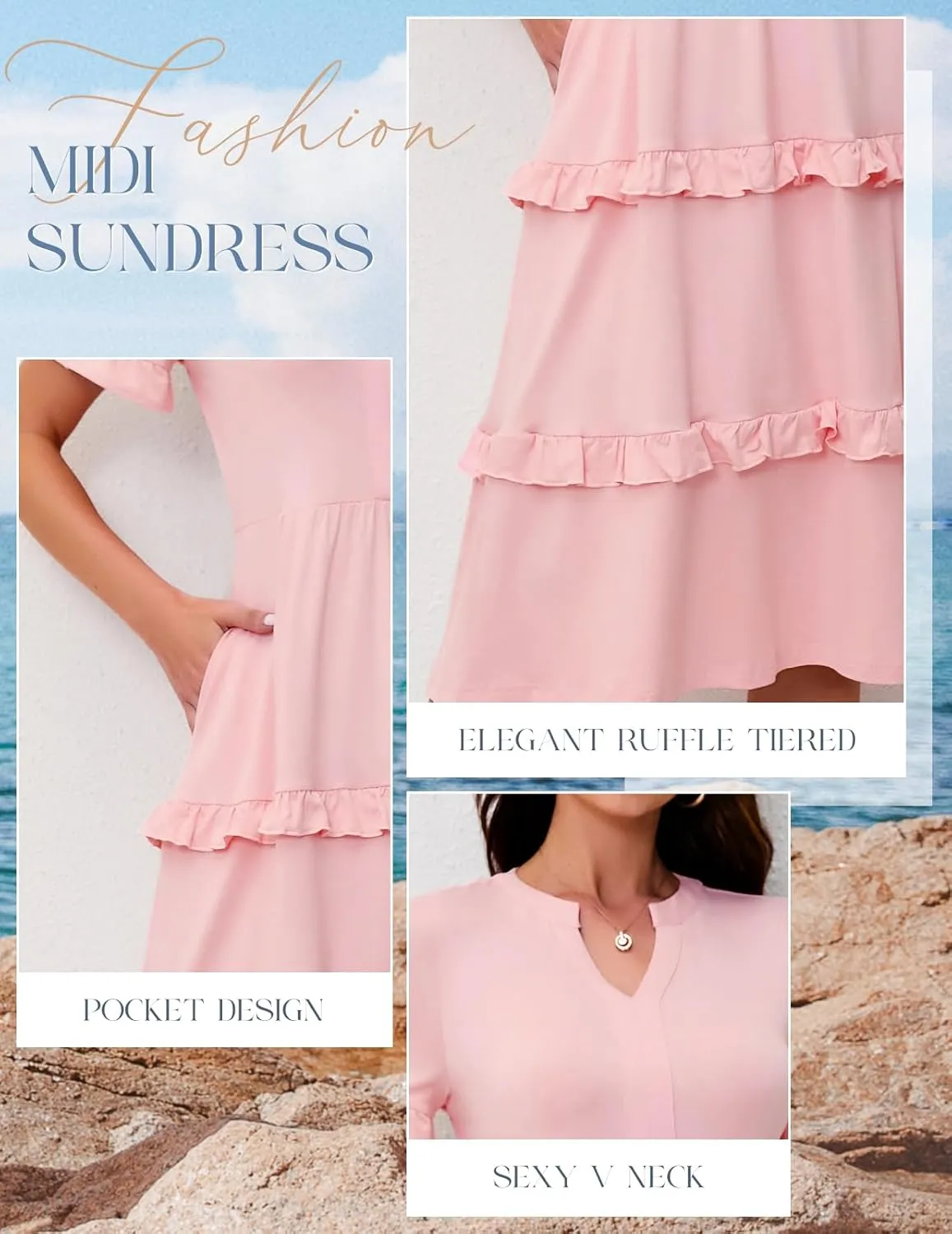 DRESSTELLS Women Summer Casual Dress Ruffle Sleeve V Neck Midi Dresses Flowy Tiered Boho Beach Vacation Sundress