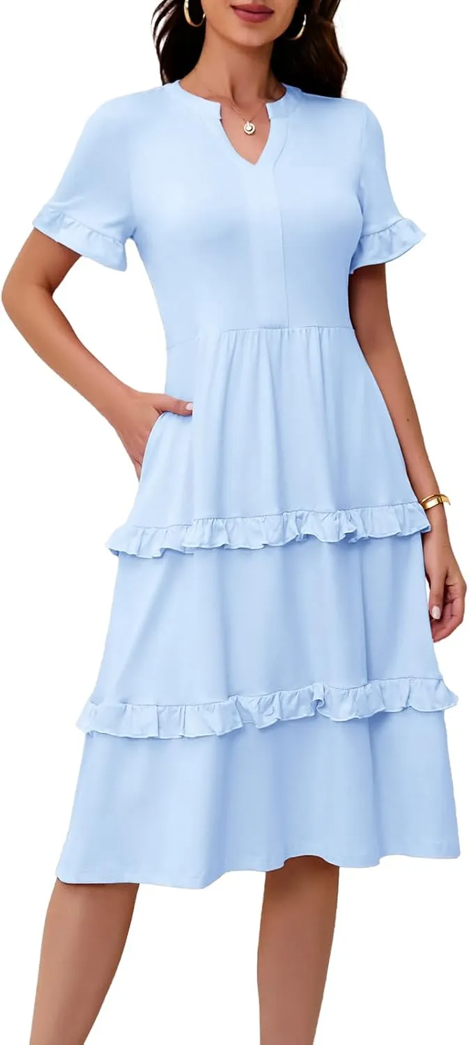 DRESSTELLS Women Summer Casual Dress Ruffle Sleeve V Neck Midi Dresses Flowy Tiered Boho Beach Vacation Sundress