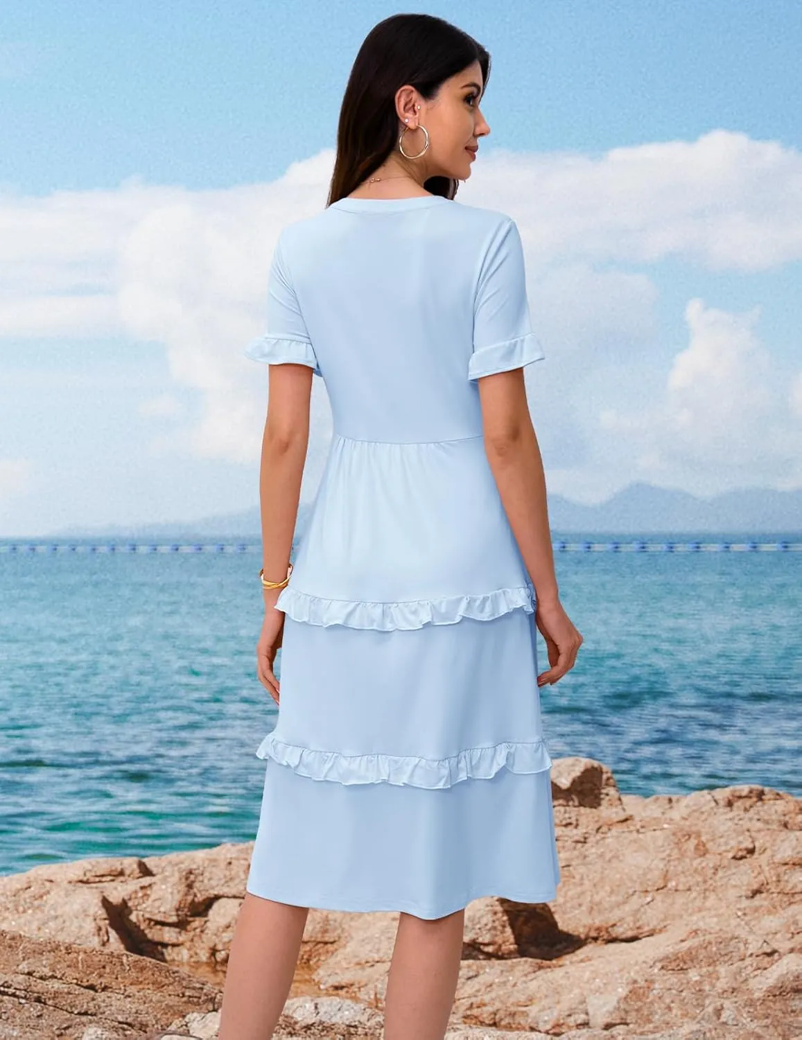 DRESSTELLS Women Summer Casual Dress Ruffle Sleeve V Neck Midi Dresses Flowy Tiered Boho Beach Vacation Sundress