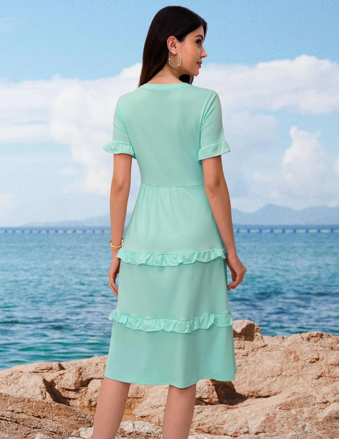 DRESSTELLS Women Summer Casual Dress Ruffle Sleeve V Neck Midi Dresses Flowy Tiered Boho Beach Vacation Sundress