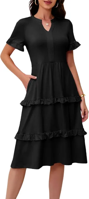 DRESSTELLS Women Summer Casual Dress Ruffle Sleeve V Neck Midi Dresses Flowy Tiered Boho Beach Vacation Sundress