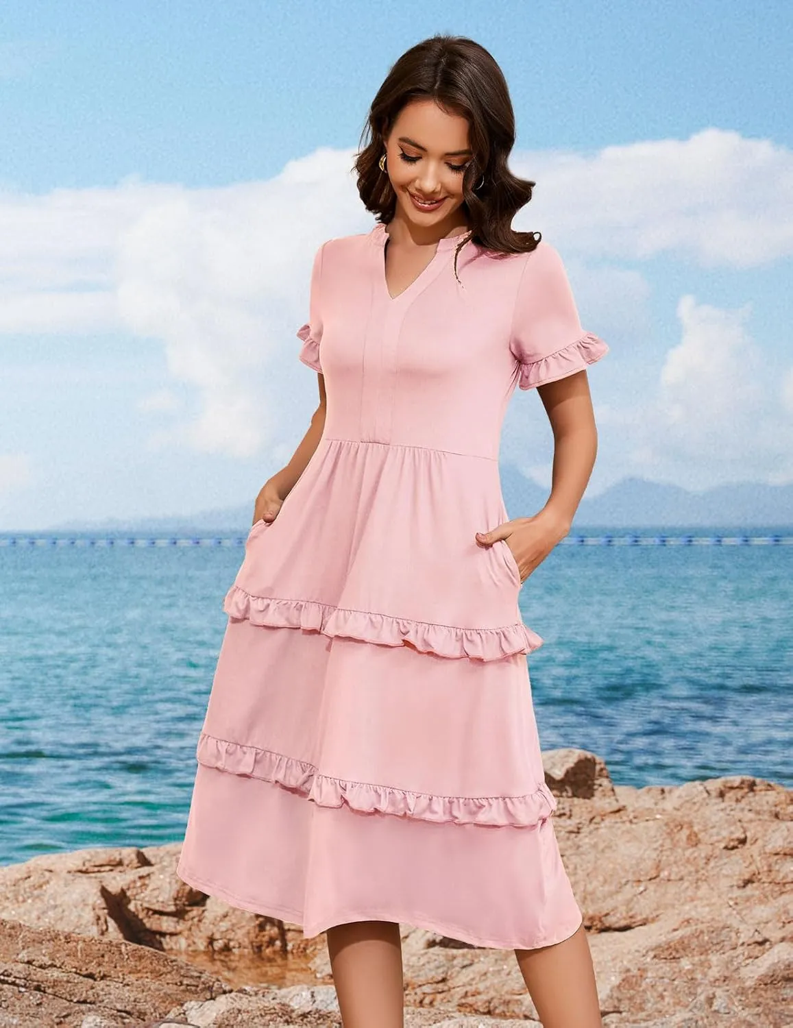 DRESSTELLS Women Summer Casual Dress Ruffle Sleeve V Neck Midi Dresses Flowy Tiered Boho Beach Vacation Sundress