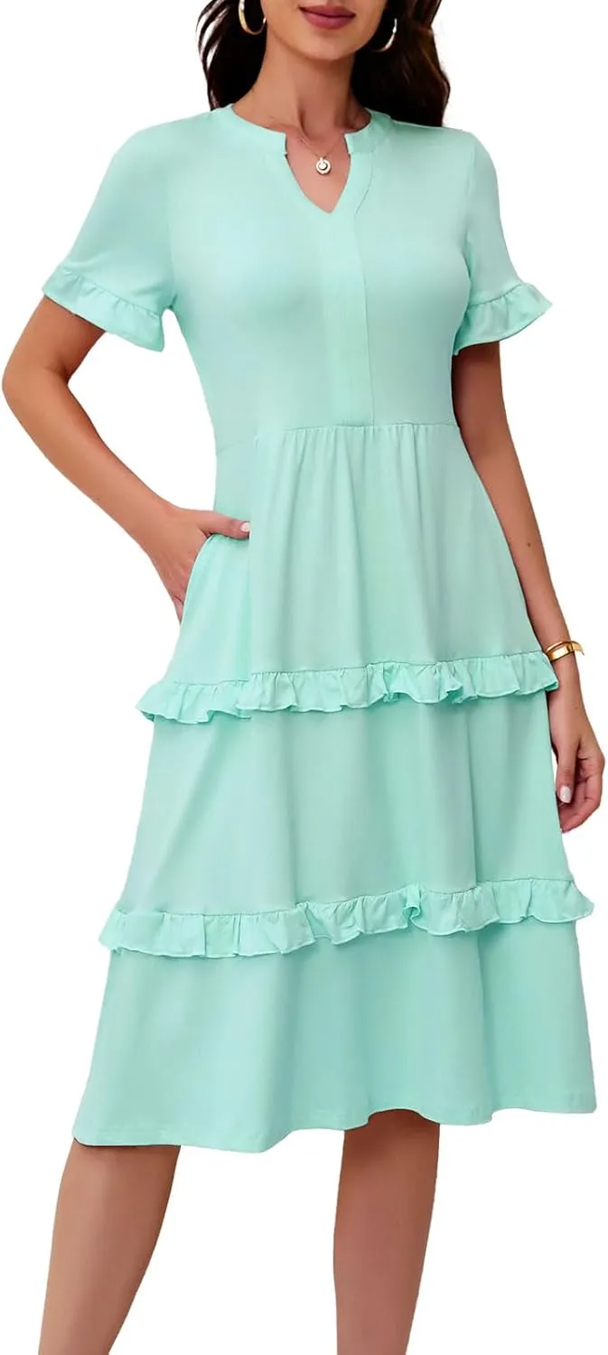 DRESSTELLS Women Summer Casual Dress Ruffle Sleeve V Neck Midi Dresses Flowy Tiered Boho Beach Vacation Sundress