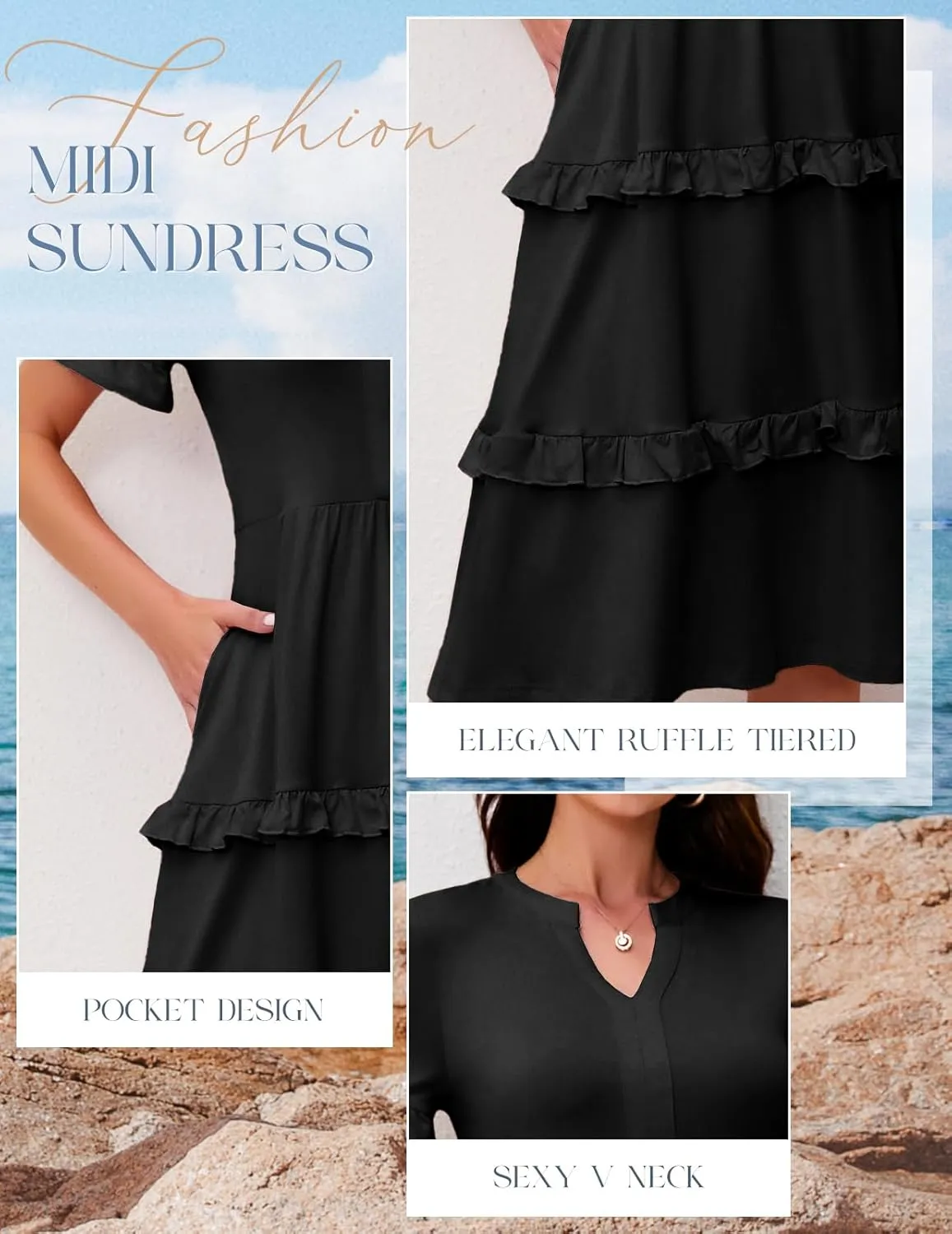 DRESSTELLS Women Summer Casual Dress Ruffle Sleeve V Neck Midi Dresses Flowy Tiered Boho Beach Vacation Sundress