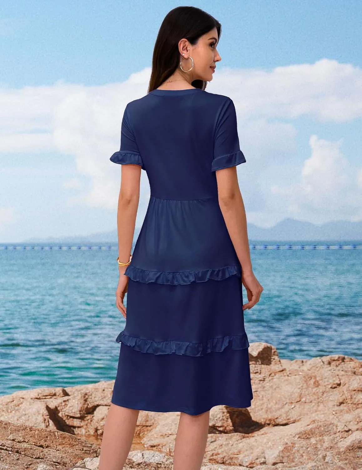 DRESSTELLS Women Summer Casual Dress Ruffle Sleeve V Neck Midi Dresses Flowy Tiered Boho Beach Vacation Sundress
