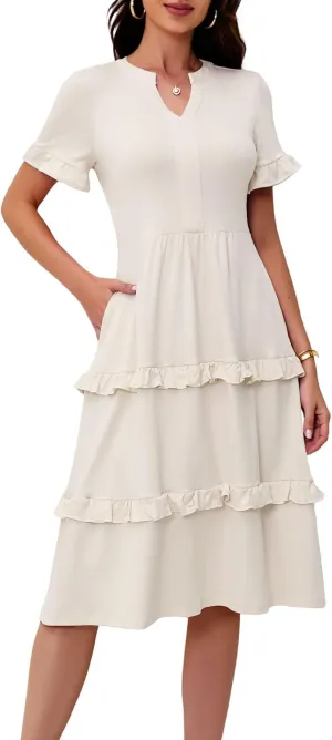DRESSTELLS Women Summer Casual Dress Ruffle Sleeve V Neck Midi Dresses Flowy Tiered Boho Beach Vacation Sundress