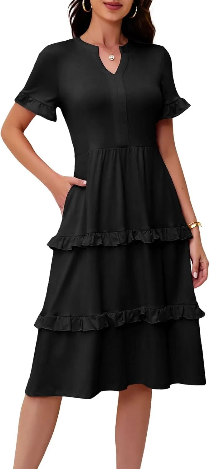 DRESSTELLS Women Summer Casual Dress Ruffle Sleeve V Neck Midi Dresses Flowy Tiered Boho Beach Vacation Sundress