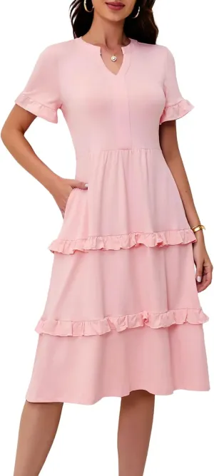 DRESSTELLS Women Summer Casual Dress Ruffle Sleeve V Neck Midi Dresses Flowy Tiered Boho Beach Vacation Sundress