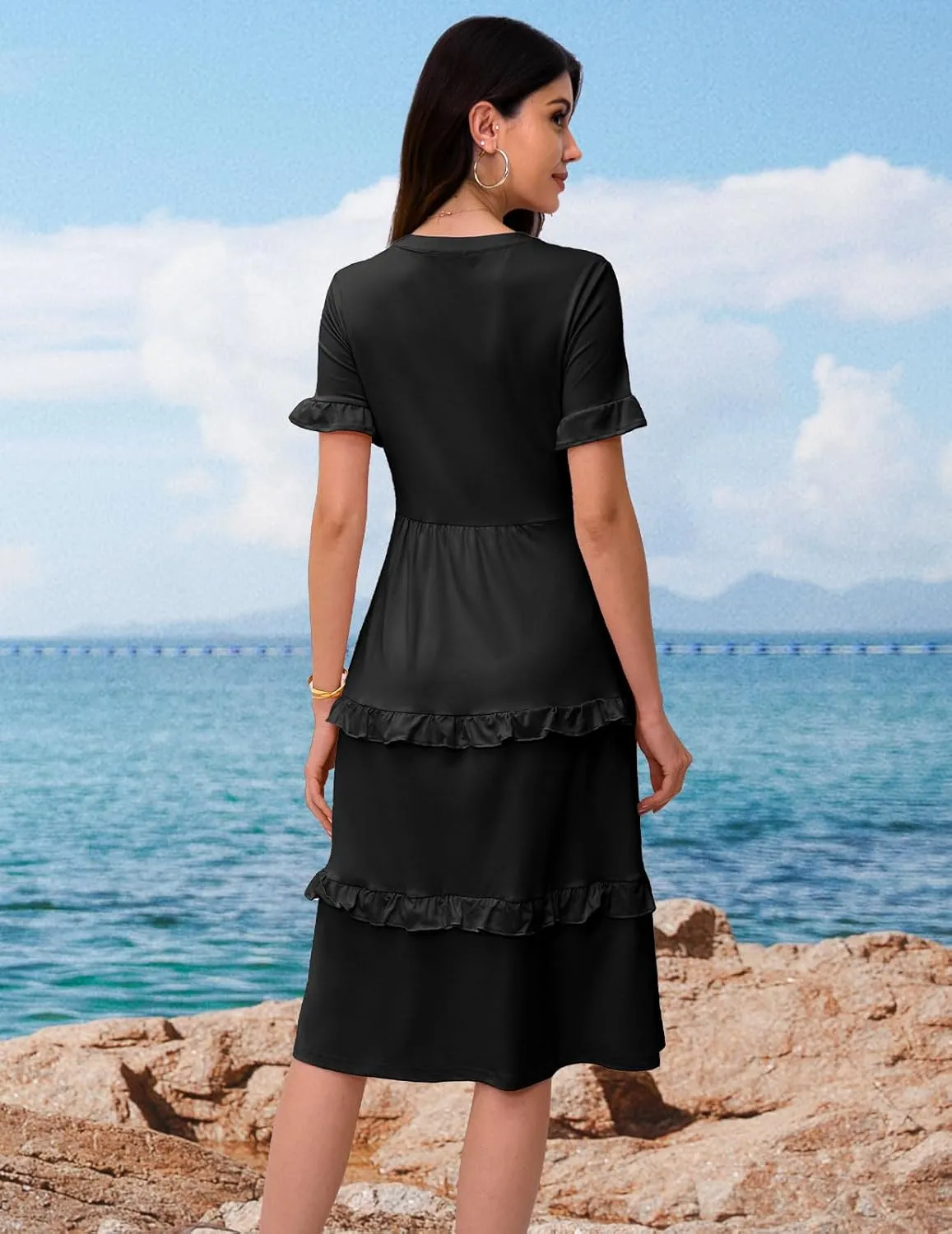 DRESSTELLS Women Summer Casual Dress Ruffle Sleeve V Neck Midi Dresses Flowy Tiered Boho Beach Vacation Sundress