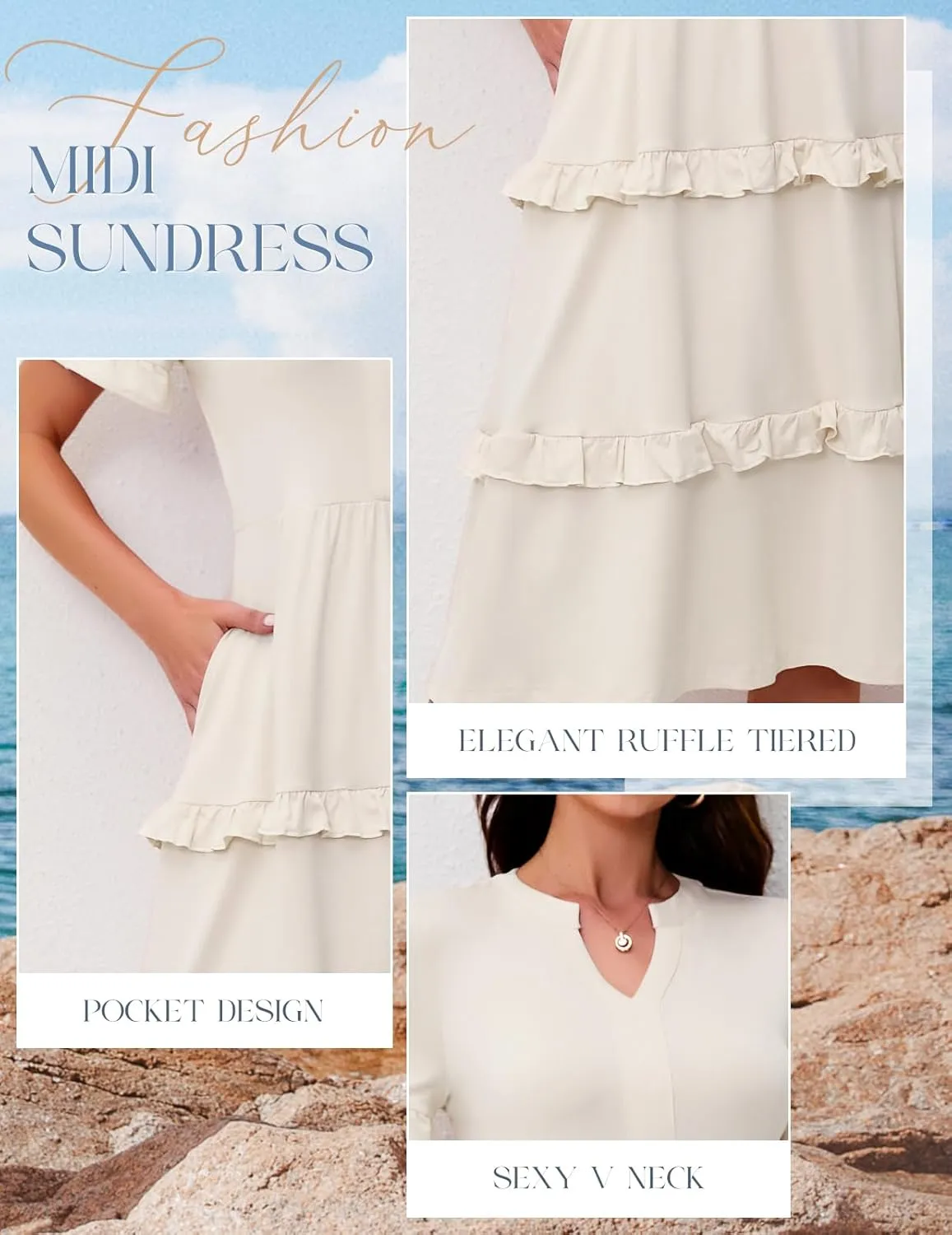 DRESSTELLS Women Summer Casual Dress Ruffle Sleeve V Neck Midi Dresses Flowy Tiered Boho Beach Vacation Sundress