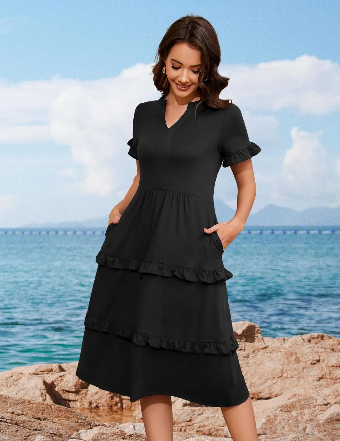 DRESSTELLS Women Summer Casual Dress Ruffle Sleeve V Neck Midi Dresses Flowy Tiered Boho Beach Vacation Sundress