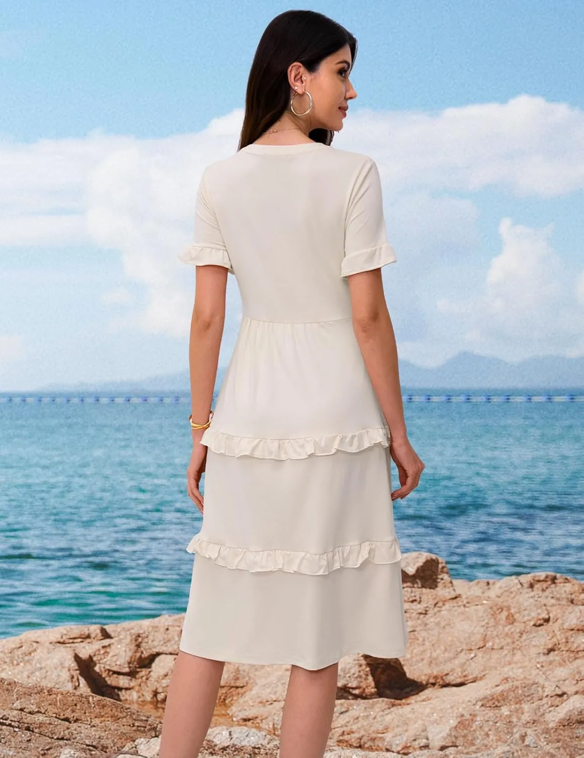DRESSTELLS Women Summer Casual Dress Ruffle Sleeve V Neck Midi Dresses Flowy Tiered Boho Beach Vacation Sundress