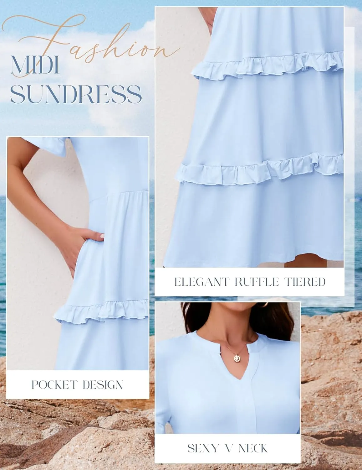 DRESSTELLS Women Summer Casual Dress Ruffle Sleeve V Neck Midi Dresses Flowy Tiered Boho Beach Vacation Sundress