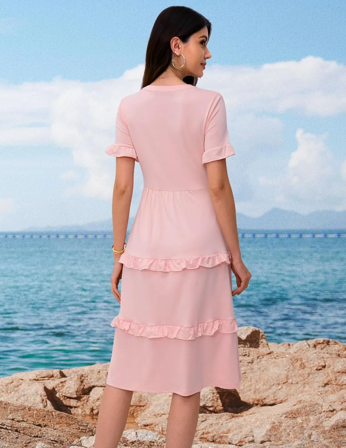 DRESSTELLS Women Summer Casual Dress Ruffle Sleeve V Neck Midi Dresses Flowy Tiered Boho Beach Vacation Sundress