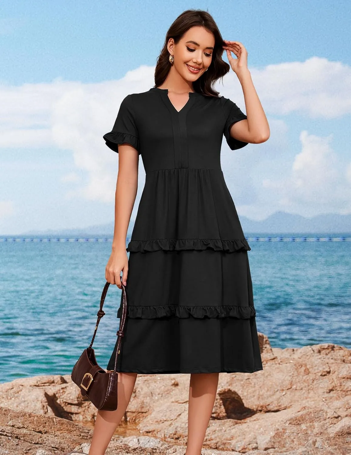 DRESSTELLS Women Summer Casual Dress Ruffle Sleeve V Neck Midi Dresses Flowy Tiered Boho Beach Vacation Sundress