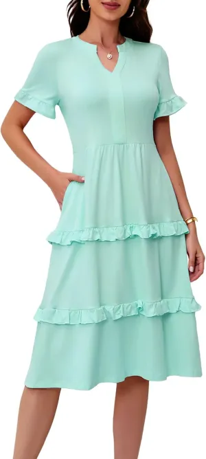 DRESSTELLS Women Summer Casual Dress Ruffle Sleeve V Neck Midi Dresses Flowy Tiered Boho Beach Vacation Sundress