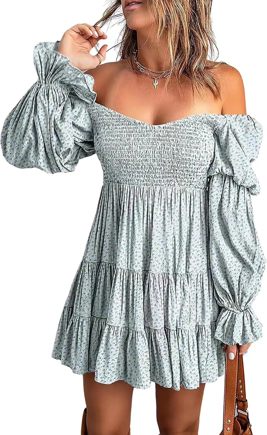 ebossy Women Boho Floral Dress Off Shoulder Puff Long Sleeve Smocked Ruffles Flowy Tiered Mini Dress